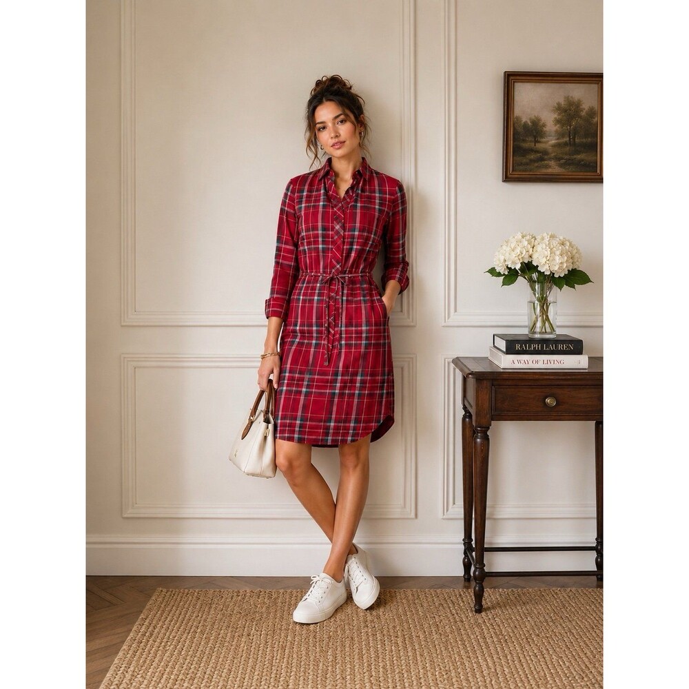 Ralph Lauren Red Tartan Plaid Shirt Dress Belted Preppy Sz 2